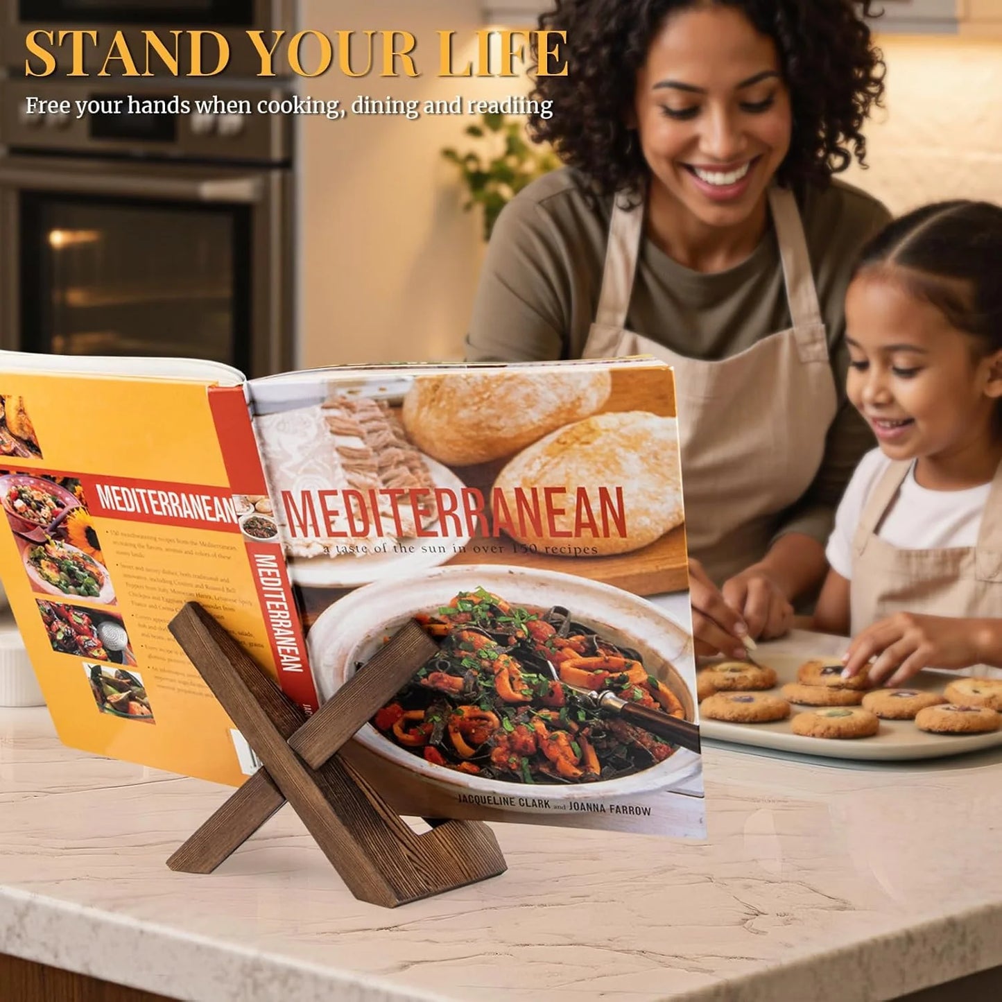 Cookbook Stand for Kitchen, Recipe Book Holder for Kitchen Counter, Wooden Cookbook Holder, Rustic Cook Book Holder Stand - Rustic Brown