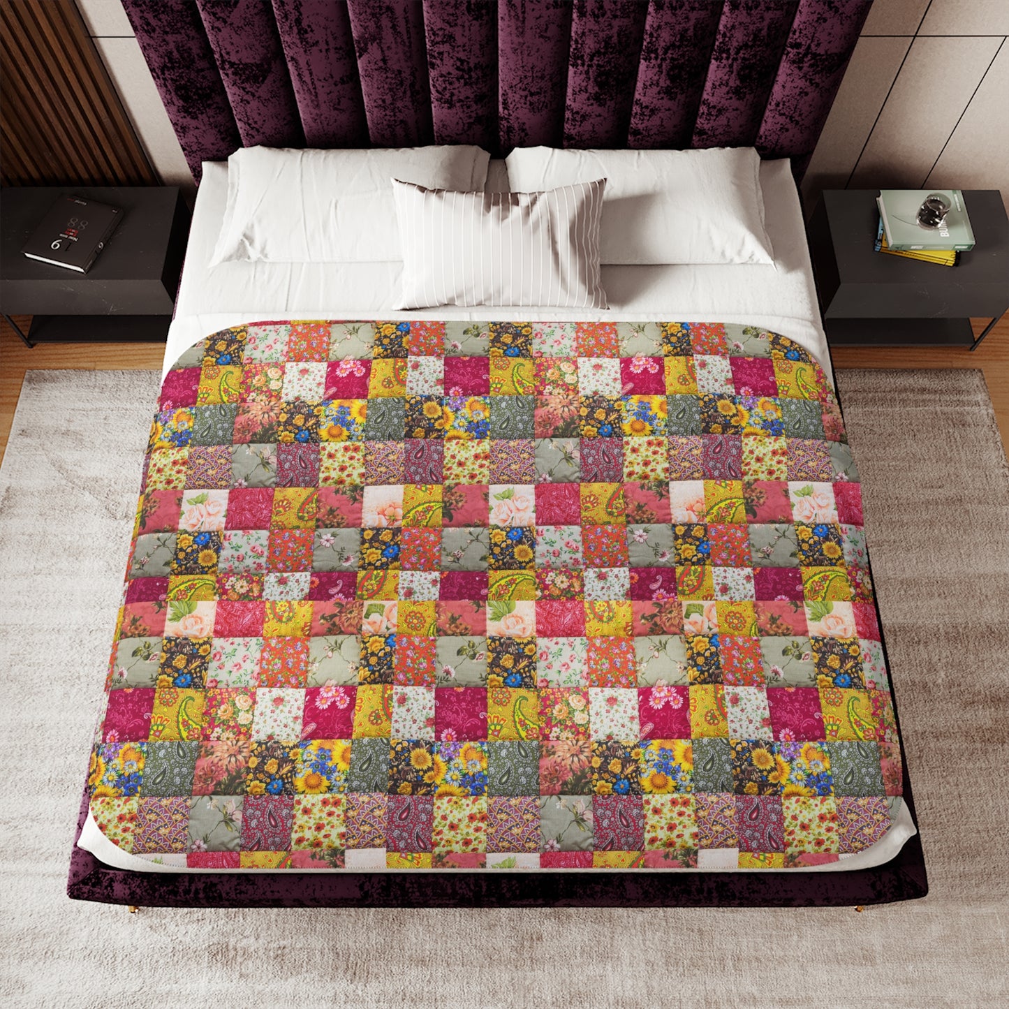 Floral Patchwork Sherpa Blanket
