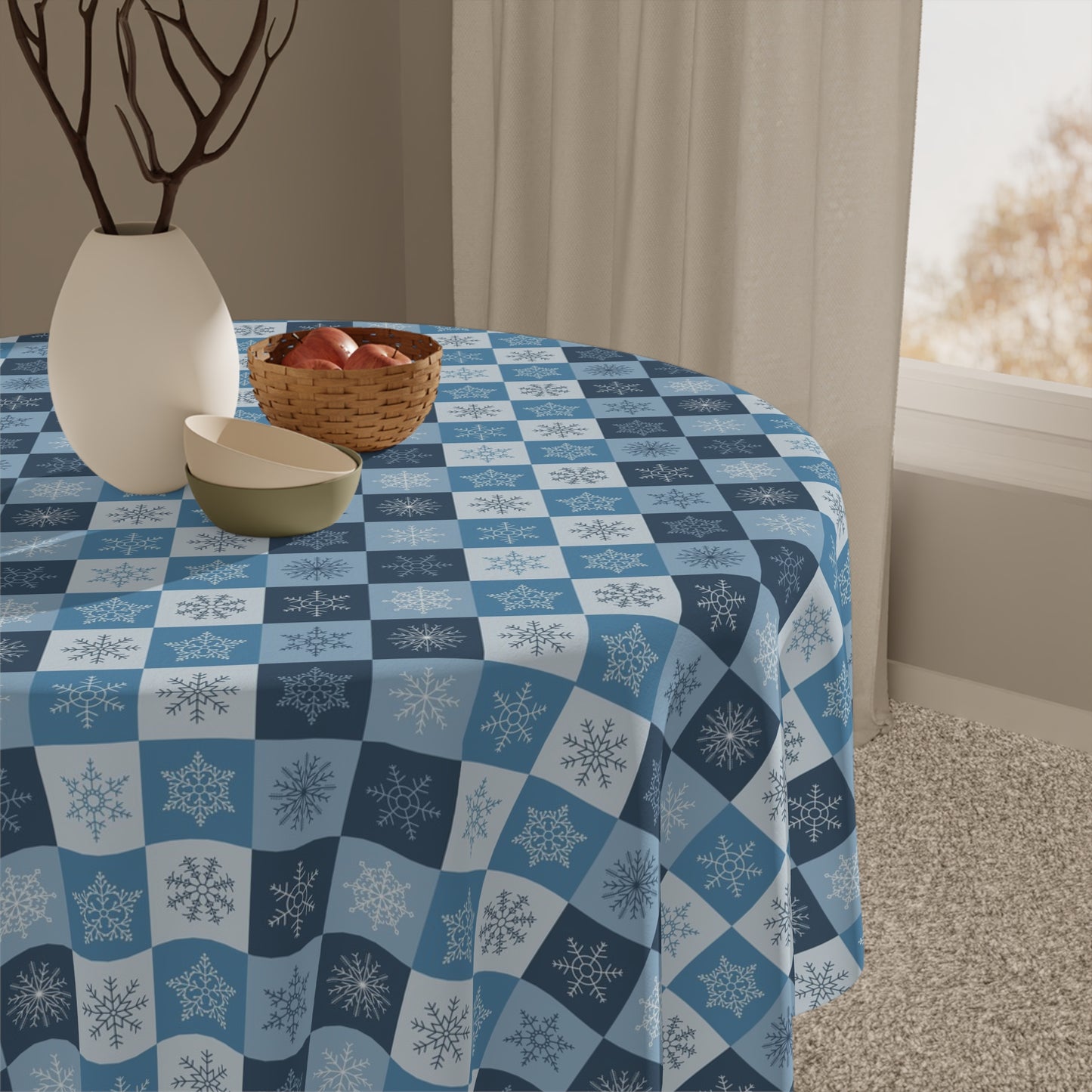 Blue Checkered Snowflake Tablecloth