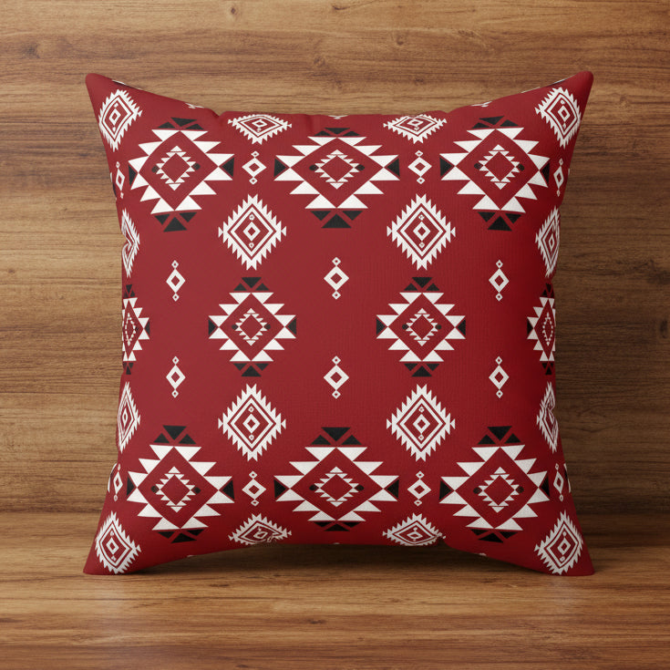 Crimson Tribal Motif Faux Suede Pillow