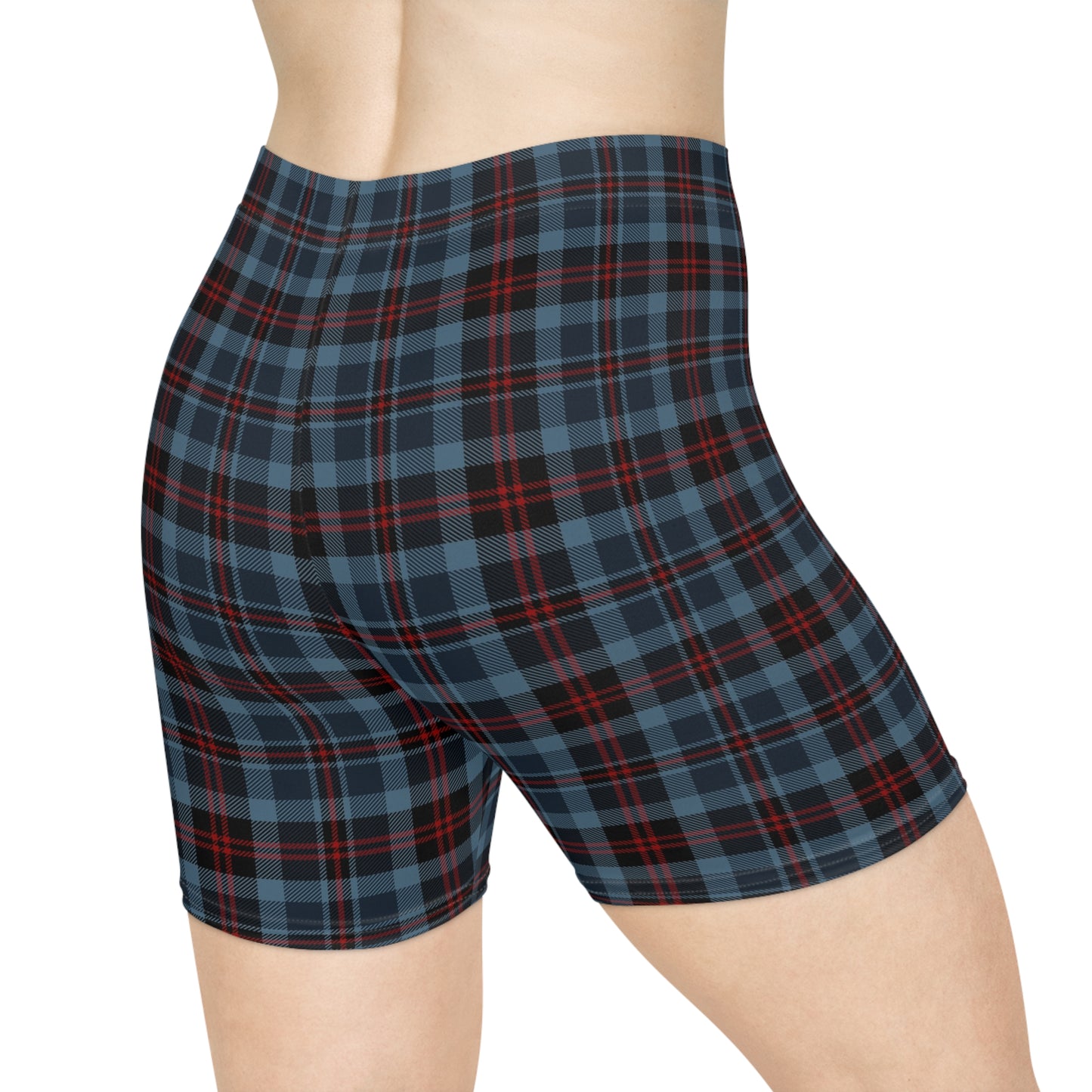 Highland Hearth Blue Plaid Women's Bike Shorts — High-Waist Athleisure Cycling Shorts