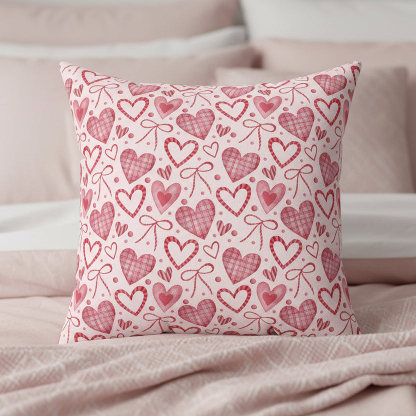 Pink Hearts & Ribbons Faux Suede Pillow
