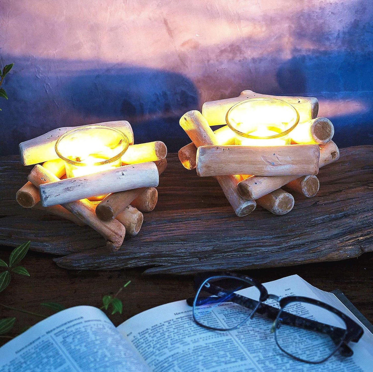 Handmade Wooden Tea Light Candle Holder with Glass Cup Rustic Country Coastal Style for Farmhouse Home Decoration Home Altar Decoration Holiday Wedding Decoration