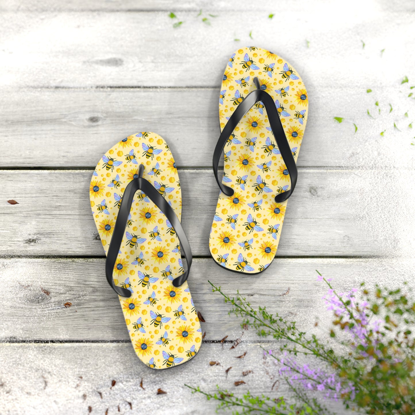 Sunflower Bees Flip Flops | Yellow Floral Beach Sandals