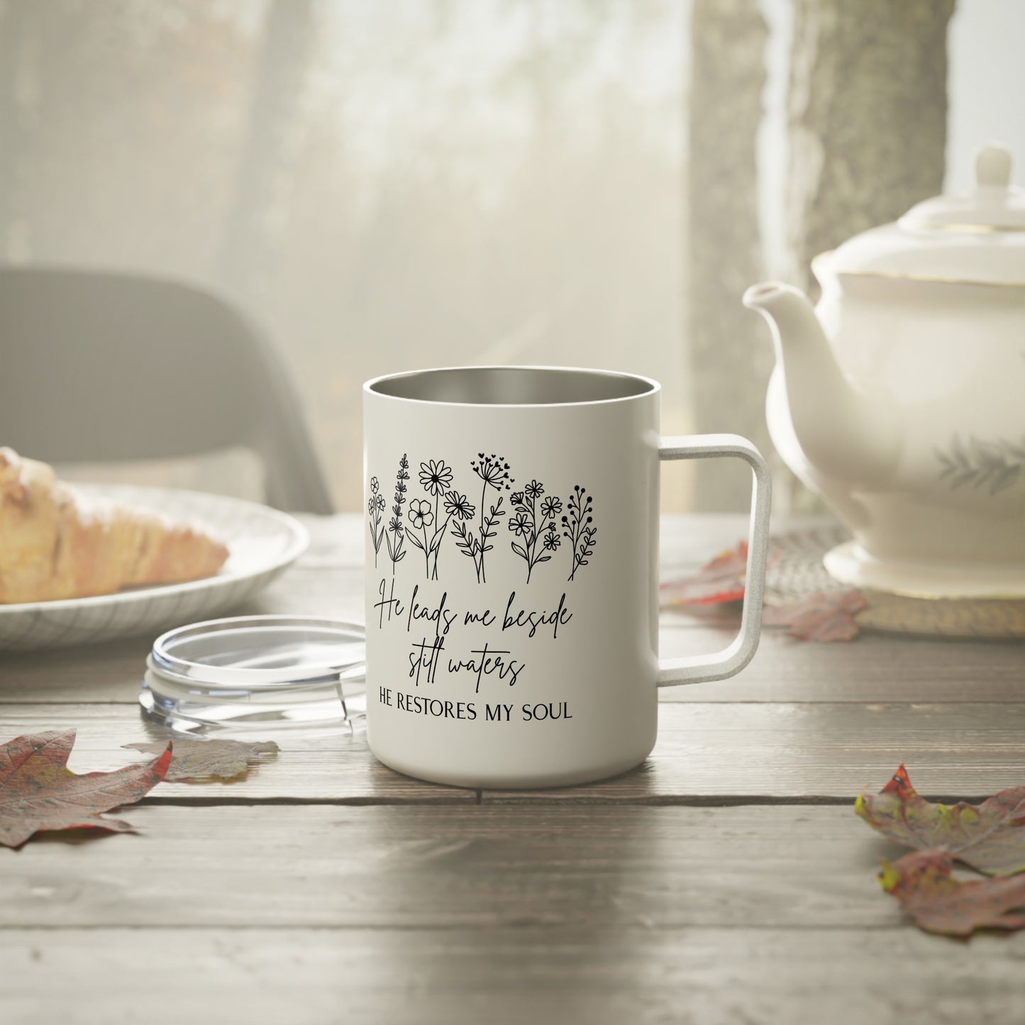 He Restores My Soul 10oz Insulated Coffee Mug | Floral Scripture Travel Tumbler