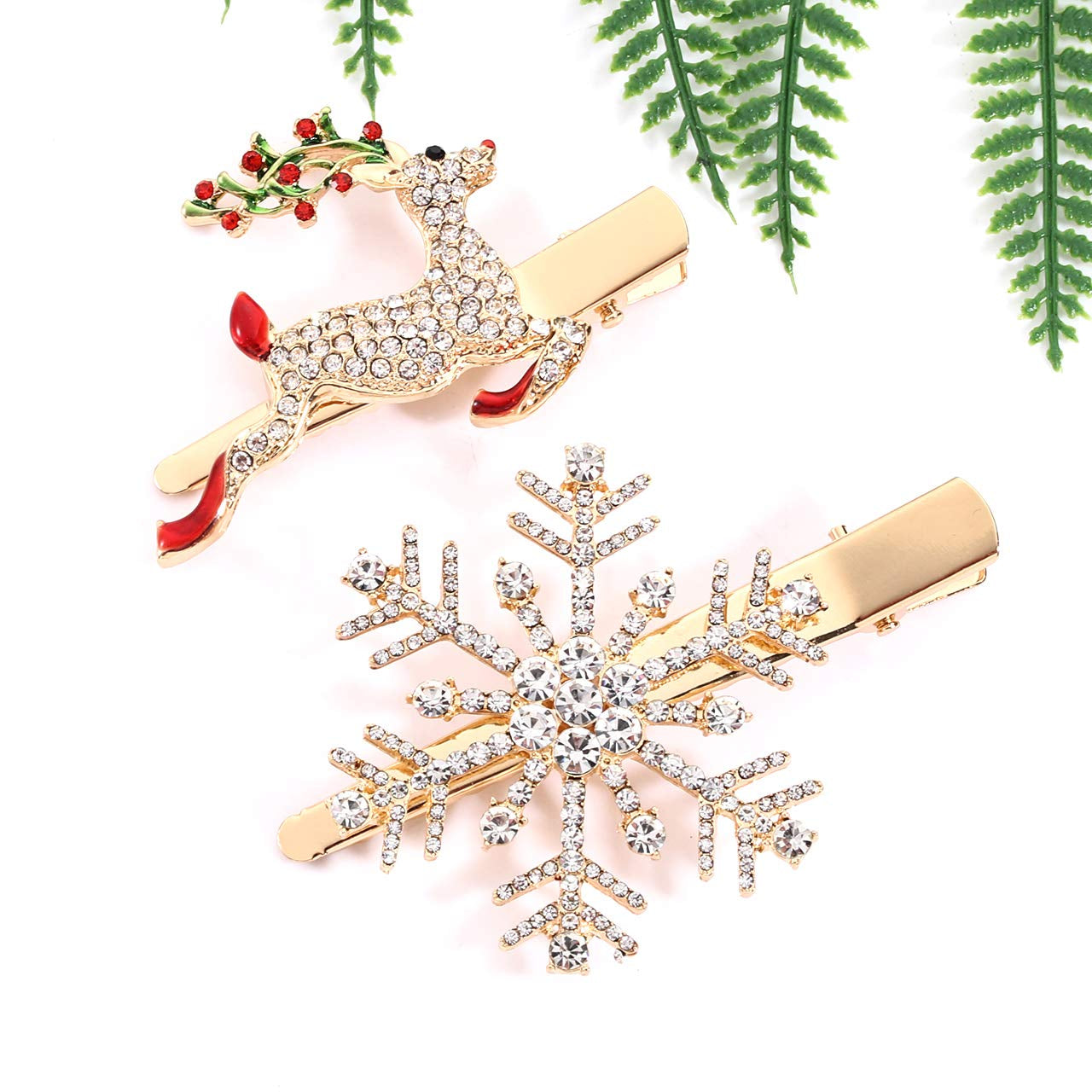 Christmas Hair Clips Hairpin Sparkling Rhinestone Christmas Tree Bells Snowflake Reindeer Hair Barrette Xmas Holiday Party Alligator Hair Clips Hair Accessories for Woman (Snowflake Reindeer)