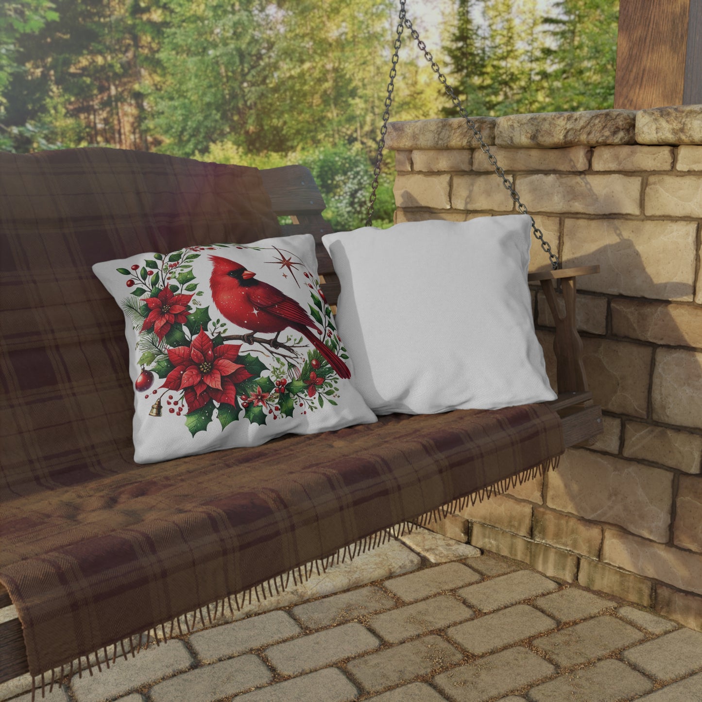 Cardinal & Poinsettia Outdoor Pillow