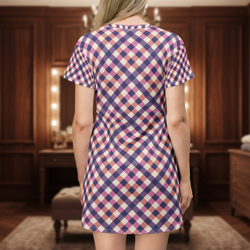 Plaid T-Shirt Dress — Pink & Purple Checked All-Over Print