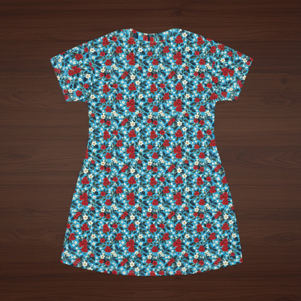 Floral patterned dress on a wood background