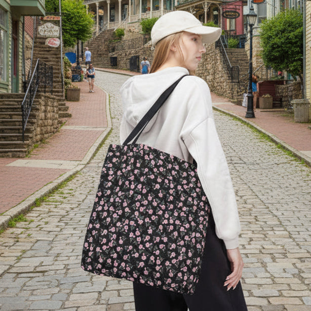 Pink Floral Black Tote Bag