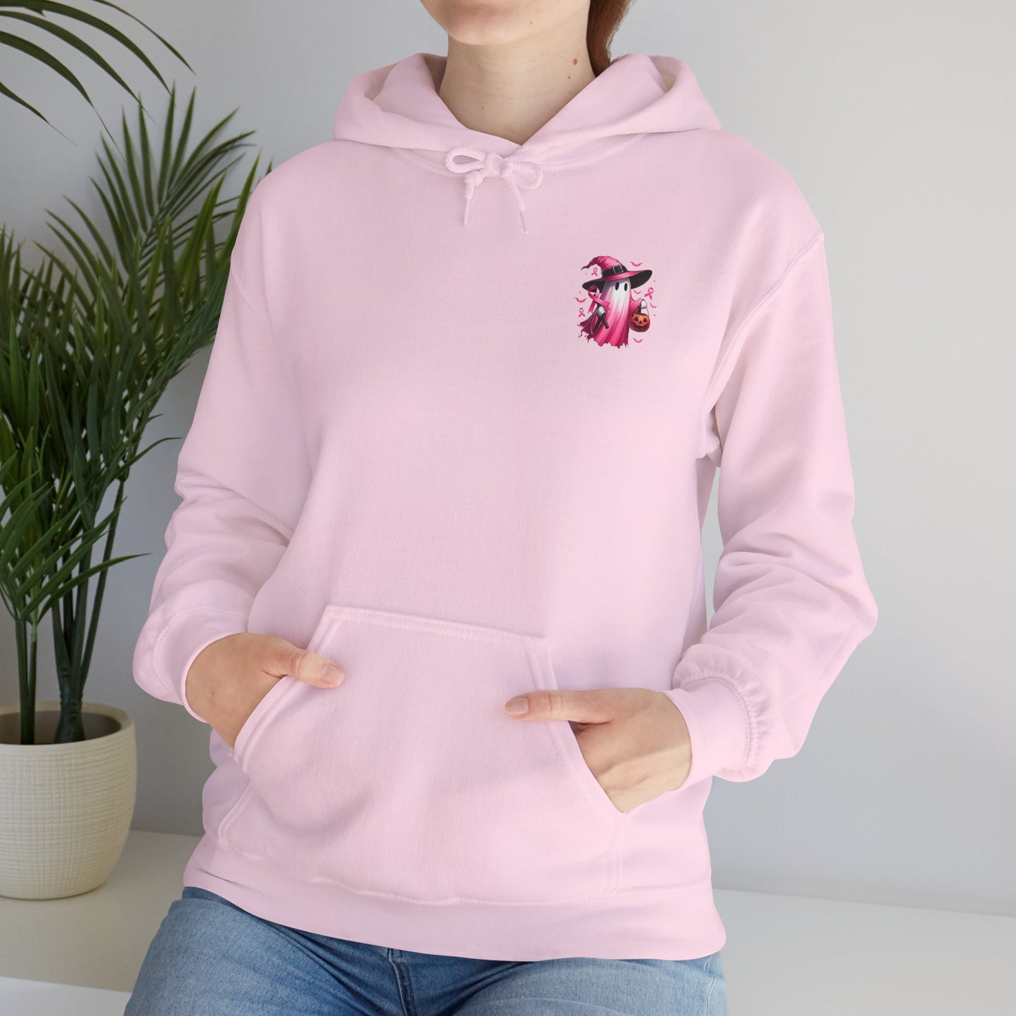 In October We Wear Pink - Cute Ghost - Front & Back Design • Breast Cancer Awareness Hoodie