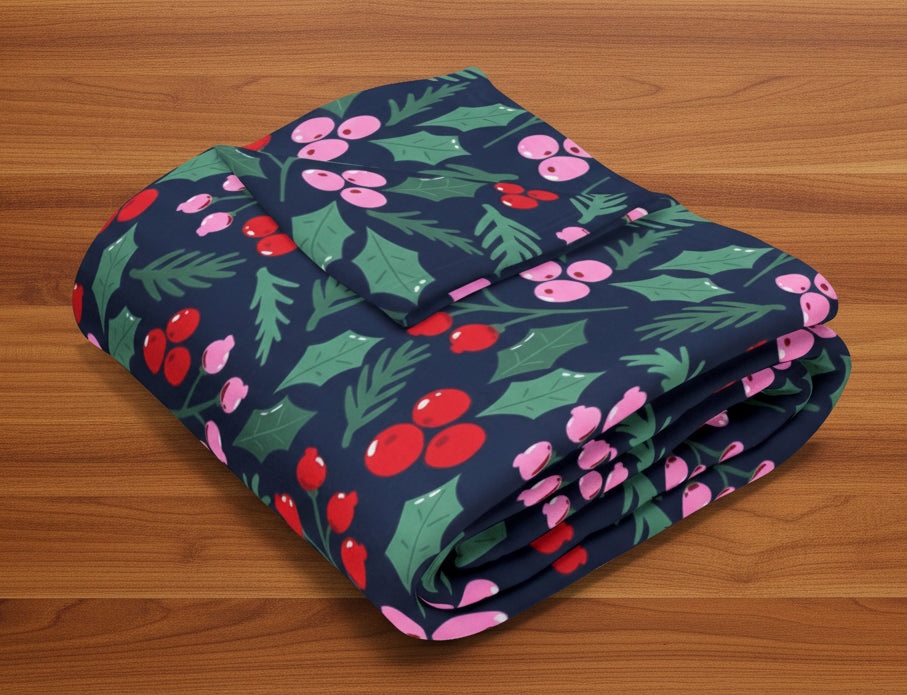 Festive Holly & Berries Fleece Blanket