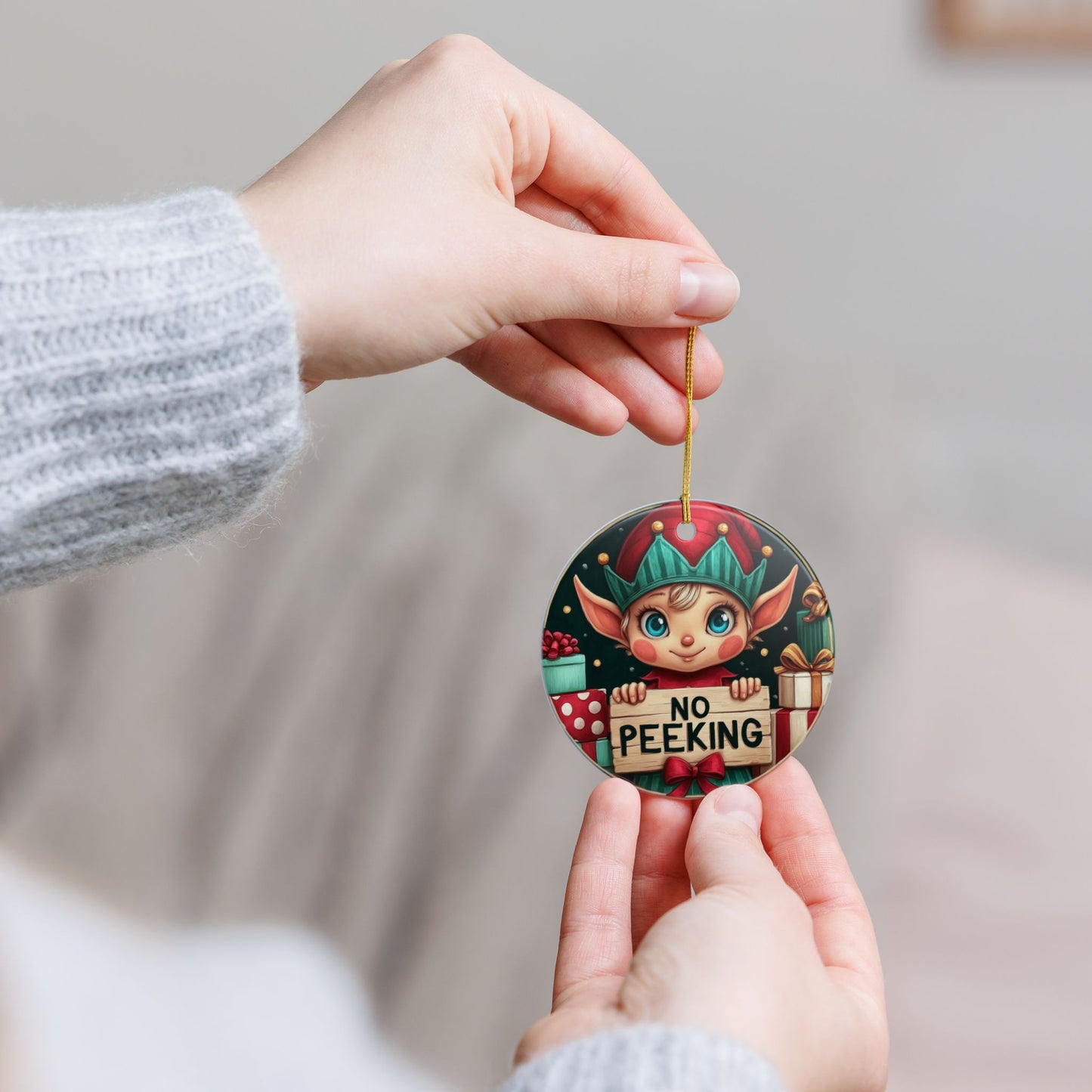 No Peeking Elf Ceramic Christmas Ornament