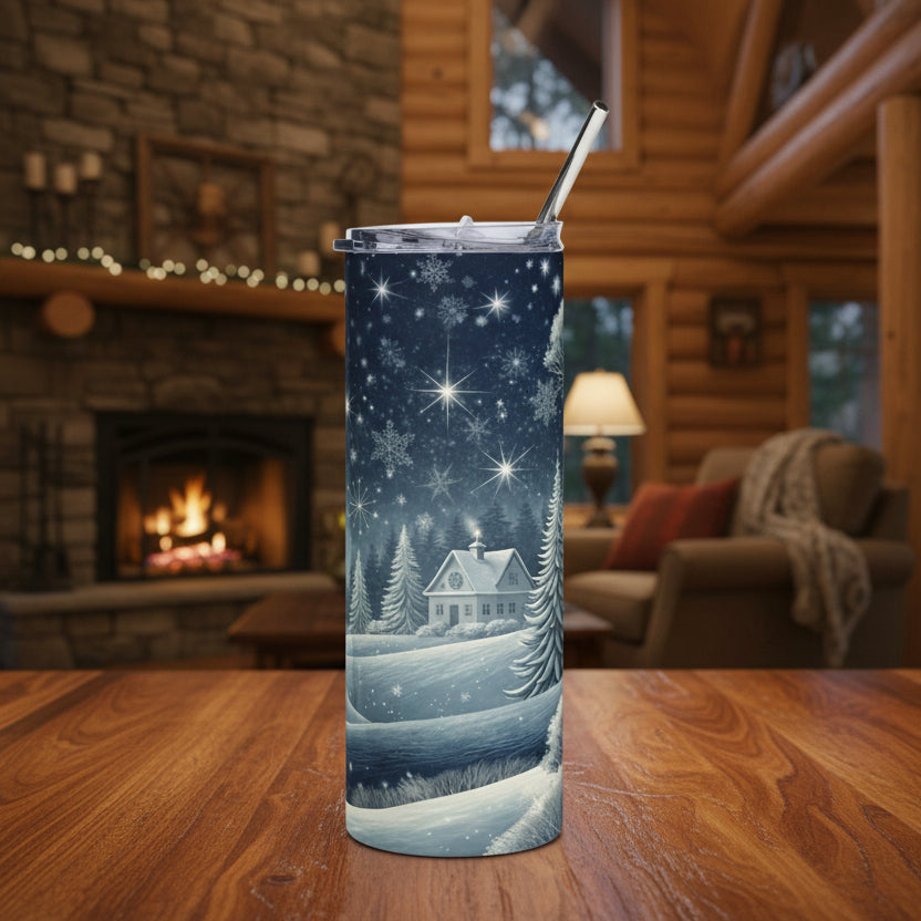 Tumbler with a winter scene design featuring a house and trees under a starry sky.