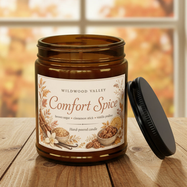 Jar candle labeled 'Comfort Spice' with a decorative label on a white background