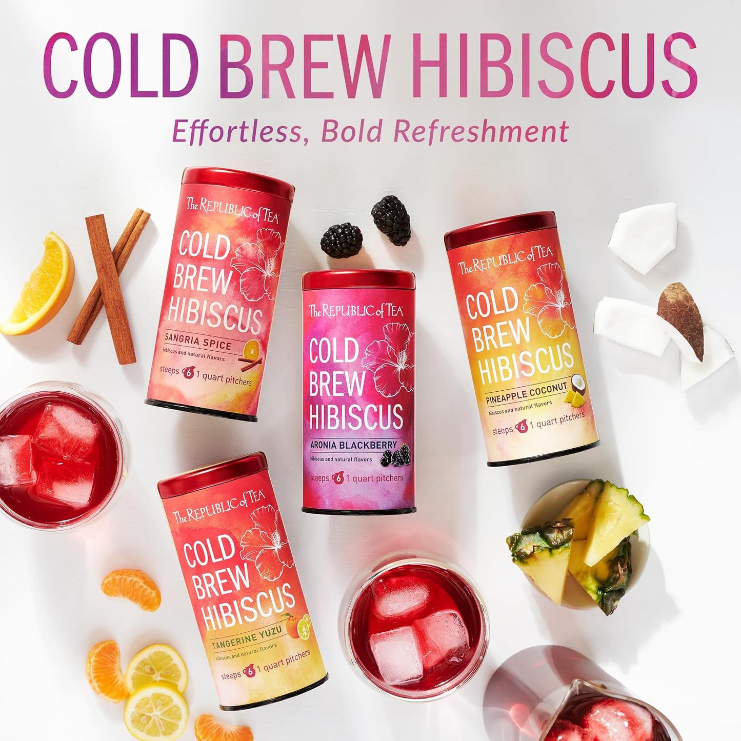 The Republic of Tea Cold Brew Hibiscus Aronia Blackberry Iced Tea, 6 Ct | Herbal Tea, Caffeine Free, Cold Brew Hibiscus with Dark Berry Flavor, Rosehips and Aronia Berry Bits