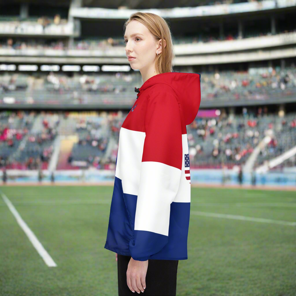 USA Flag Colorblock Windbreaker Jacket — Patriotic Red White Blue Hoodie