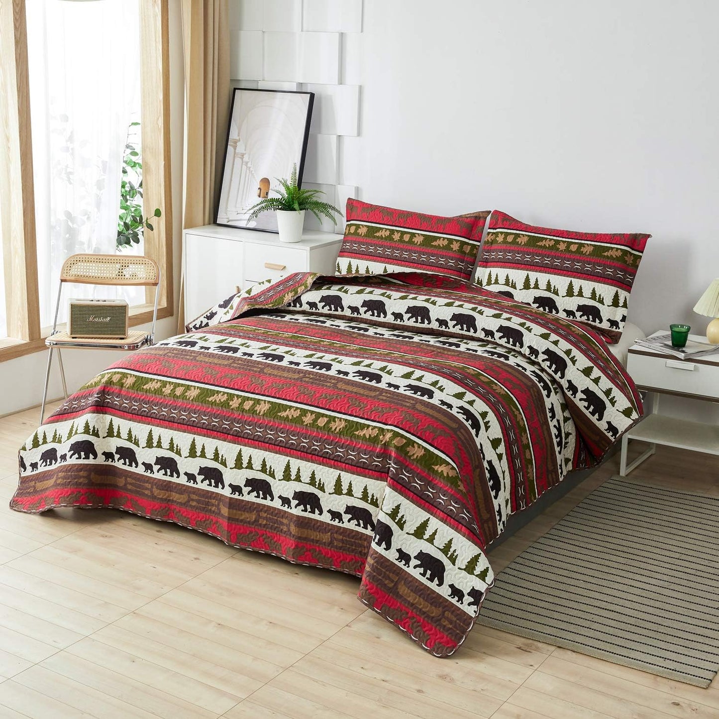 Lodge Quilt Set Full/Queen Size Rustic Cabin Bedding Moose Bear Printed Bedspread Coverlet Soft Lightweight Reversible All Season Bed Sheet Blanket, 1 Quilt 2 Pillow Shams