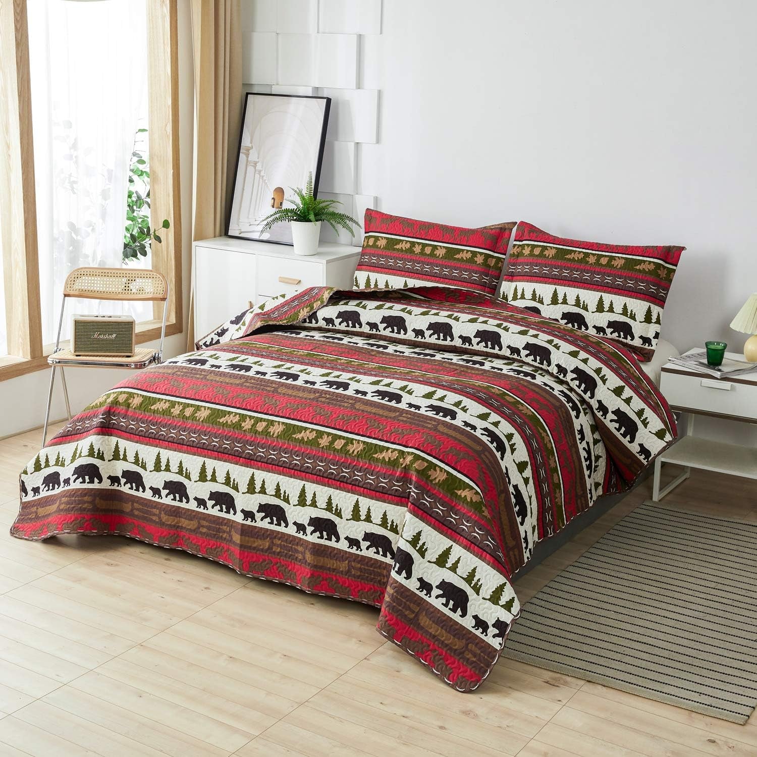 Lodge Quilt Set Full/Queen Size Rustic Cabin Bedding Moose Bear Printed Bedspread Coverlet Soft Lightweight Reversible All Season Bed Sheet Blanket, 1 Quilt 2 Pillow Shams