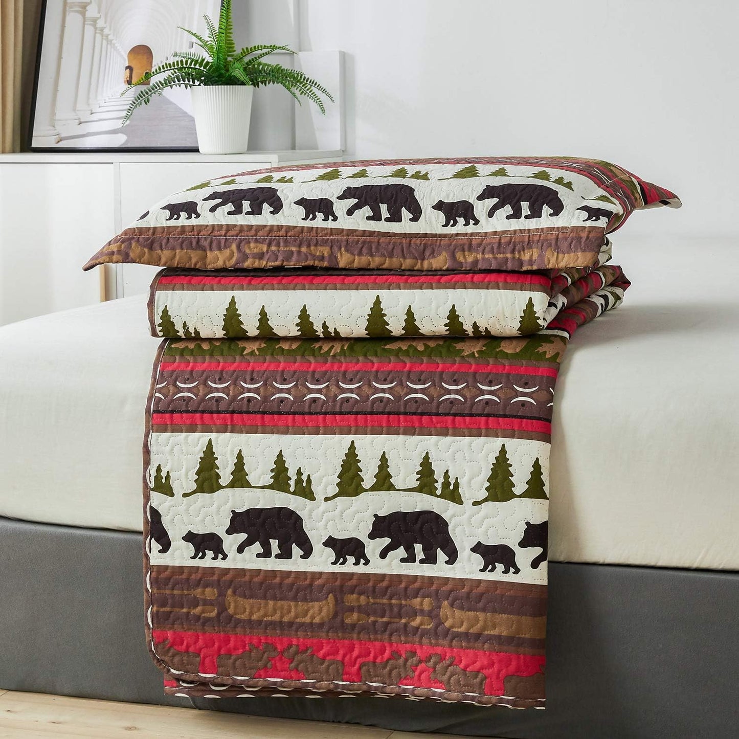 Lodge Quilt Set Full/Queen Size Rustic Cabin Bedding Moose Bear Printed Bedspread Coverlet Soft Lightweight Reversible All Season Bed Sheet Blanket, 1 Quilt 2 Pillow Shams