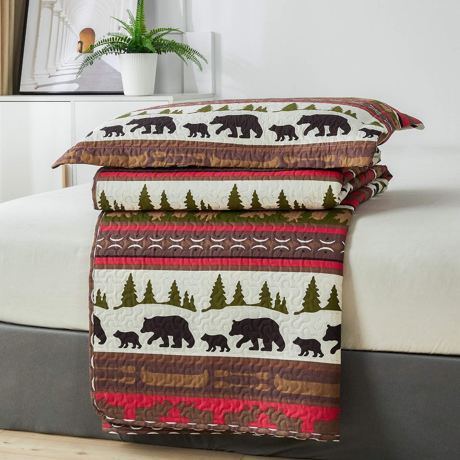 Lodge Quilt Set Full/Queen Size Rustic Cabin Bedding Moose Bear Printed Bedspread Coverlet Soft Lightweight Reversible All Season Bed Sheet Blanket, 1 Quilt 2 Pillow Shams