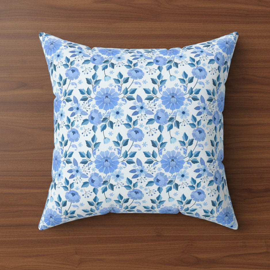 Blue Floral Faux Suede Pillow