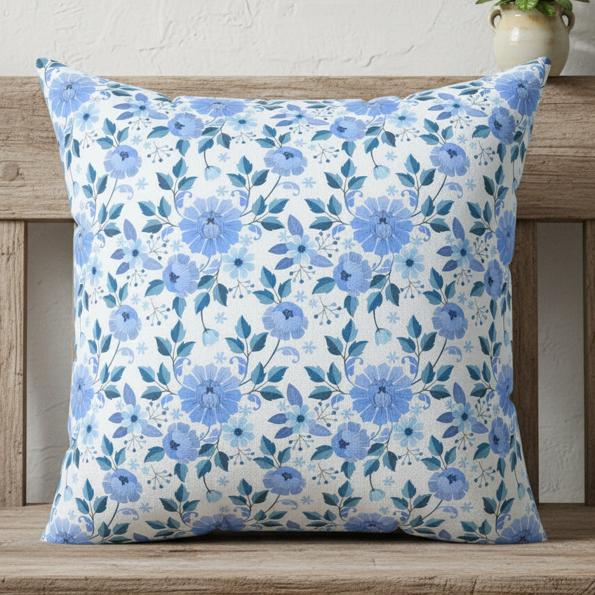 Blue Floral Faux Suede Pillow
