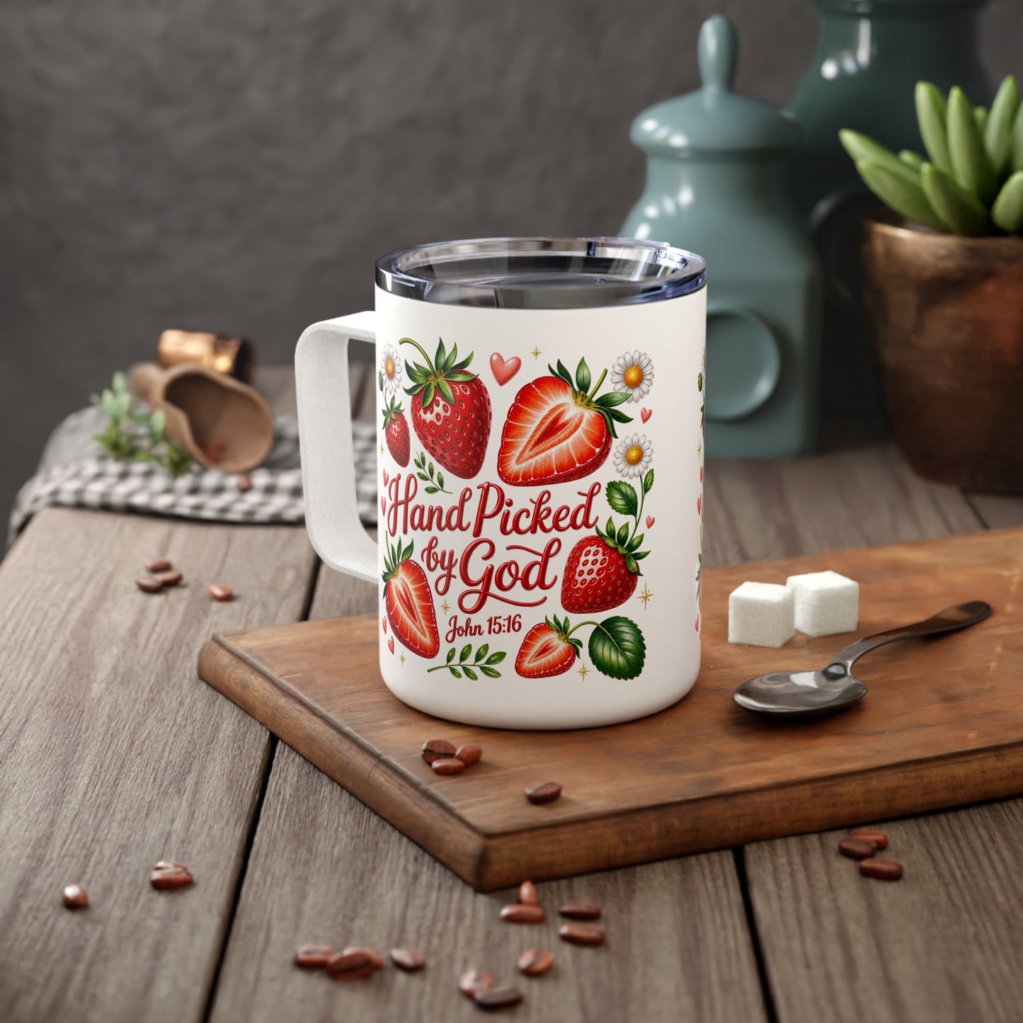 Handpicked By God 10oz Insulated Coffee Mug | Strawberry Floral Travel Tumbler