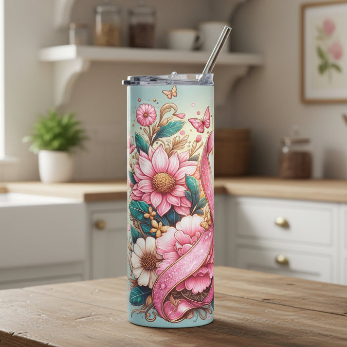 Floral Butterfly Breast Cancer Survivor 20oz Stainless Steel Tumbler