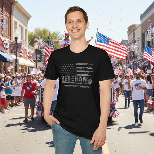 Man wearing a black t-shirt with 'VETERAN' graphic