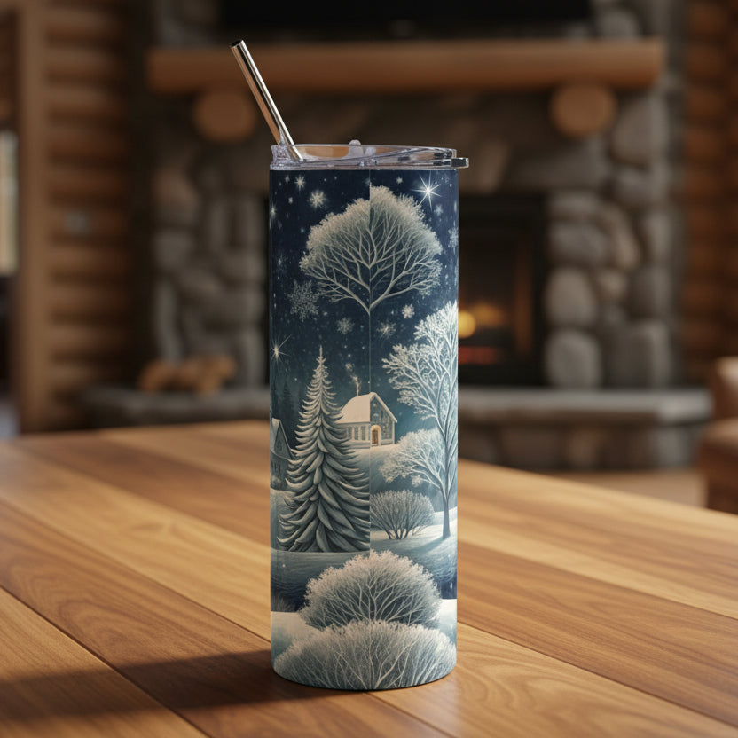 Tumbler with a winter scene design featuring trees and a house on a snowy night.