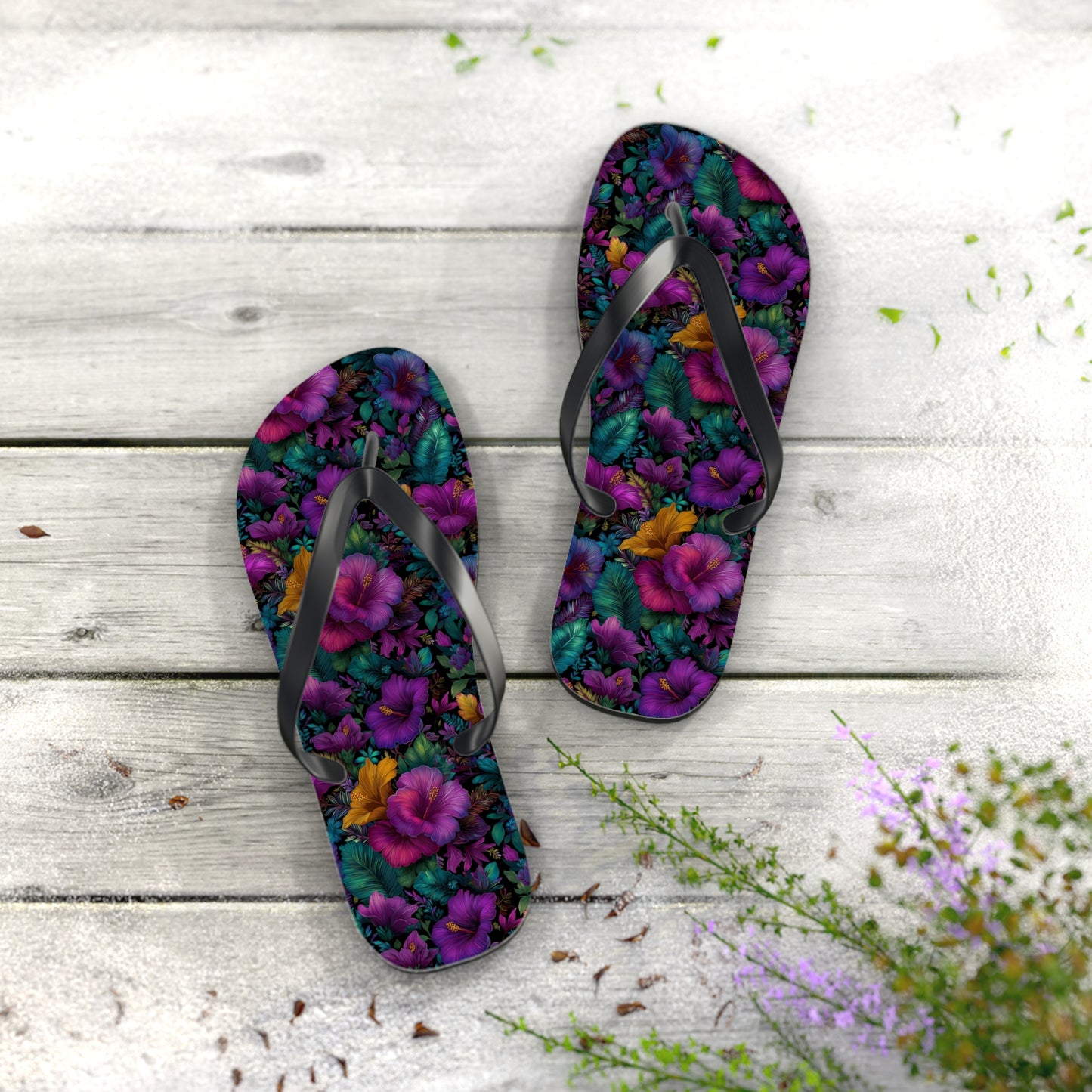 Floral Paradise Flip Flops — Vibrant Purple Hibiscus Beach Sandals