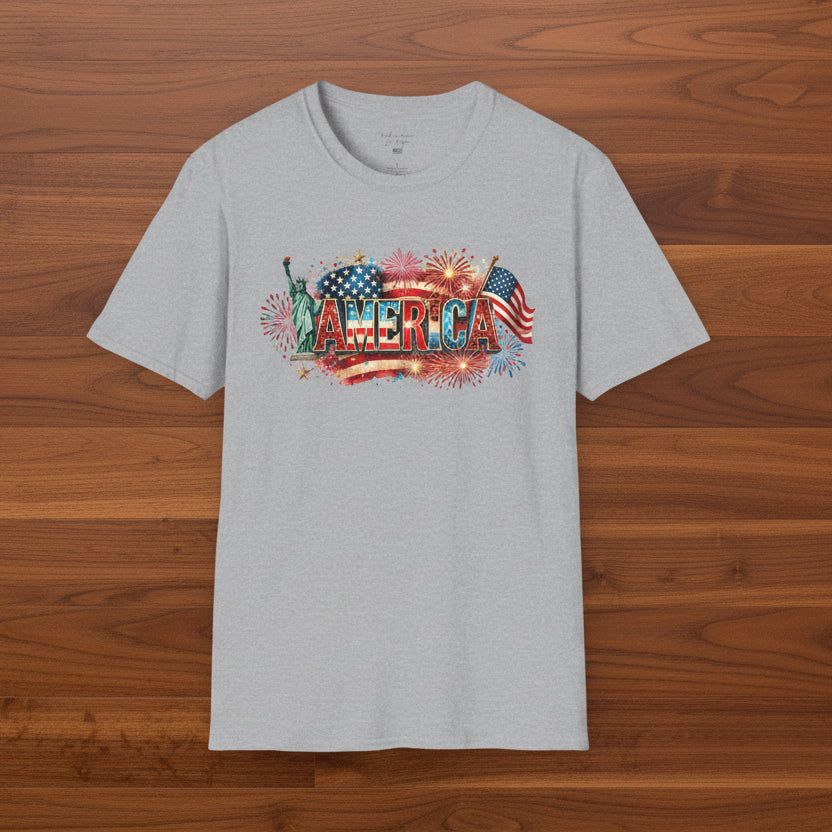 America T-Shirt — USA Flag, Fireworks & Statue of Liberty Design