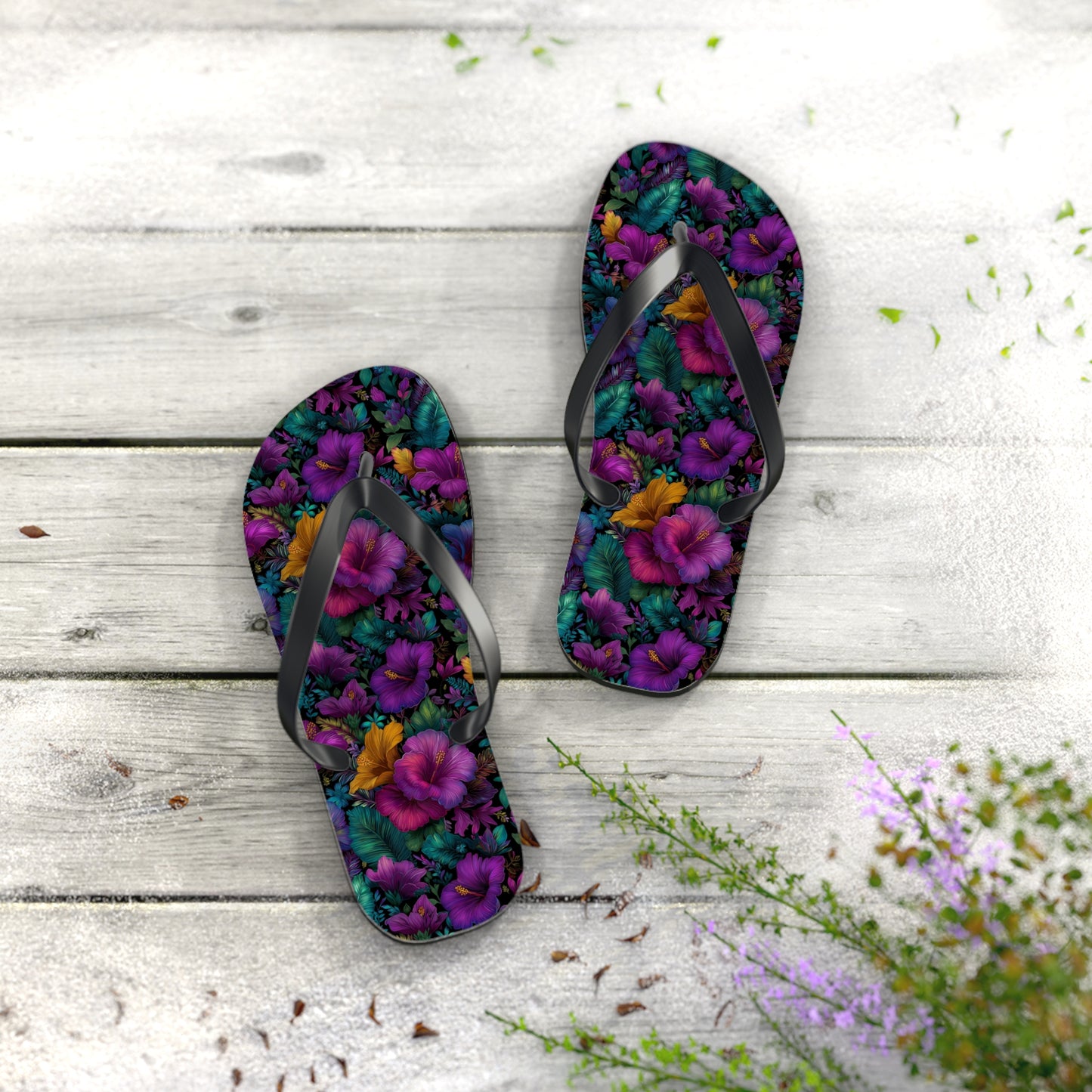 Floral Paradise Flip Flops — Vibrant Purple Hibiscus Beach Sandals