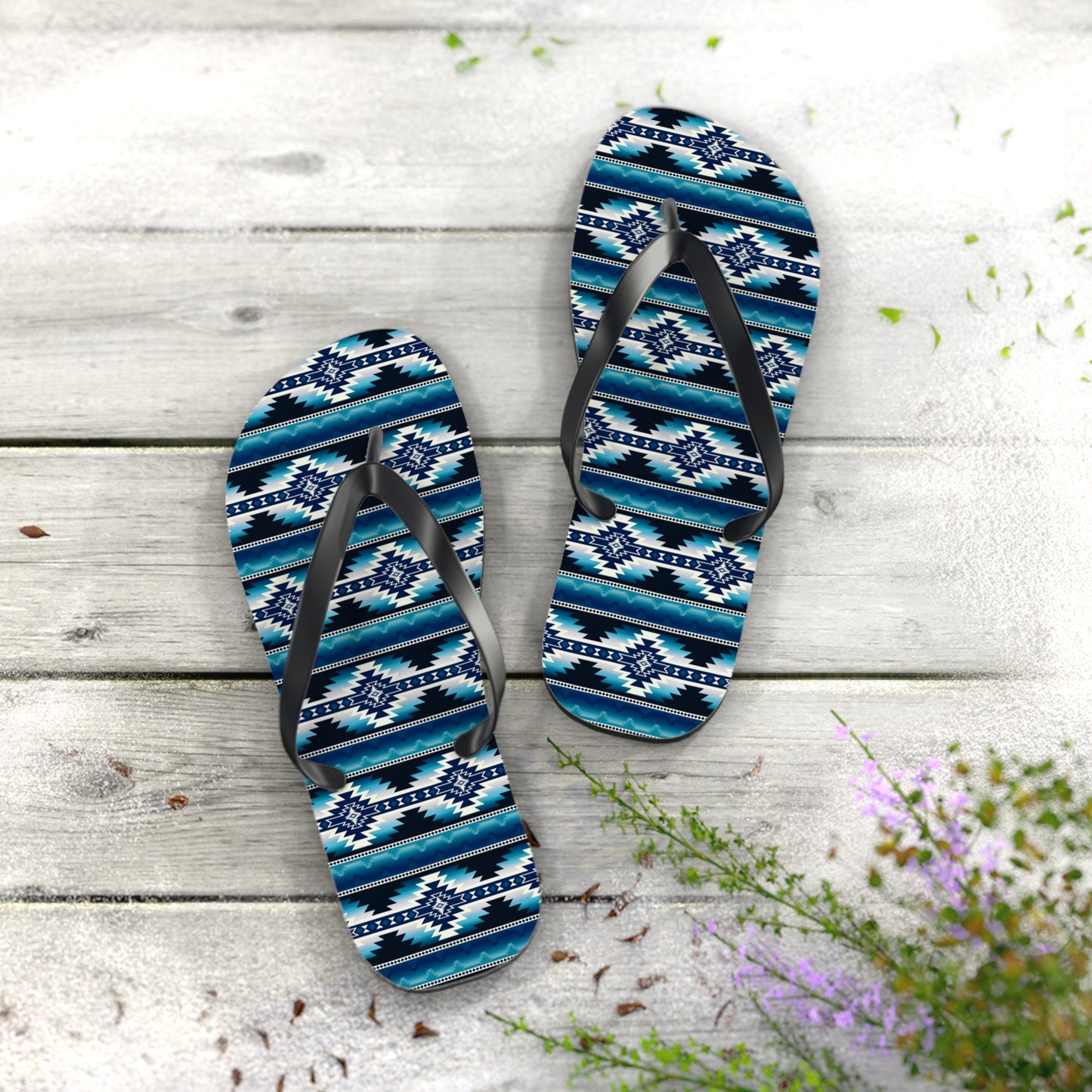 Southwest Aztec Pattern Flip Flops — Blue Tribal Summer Sandals