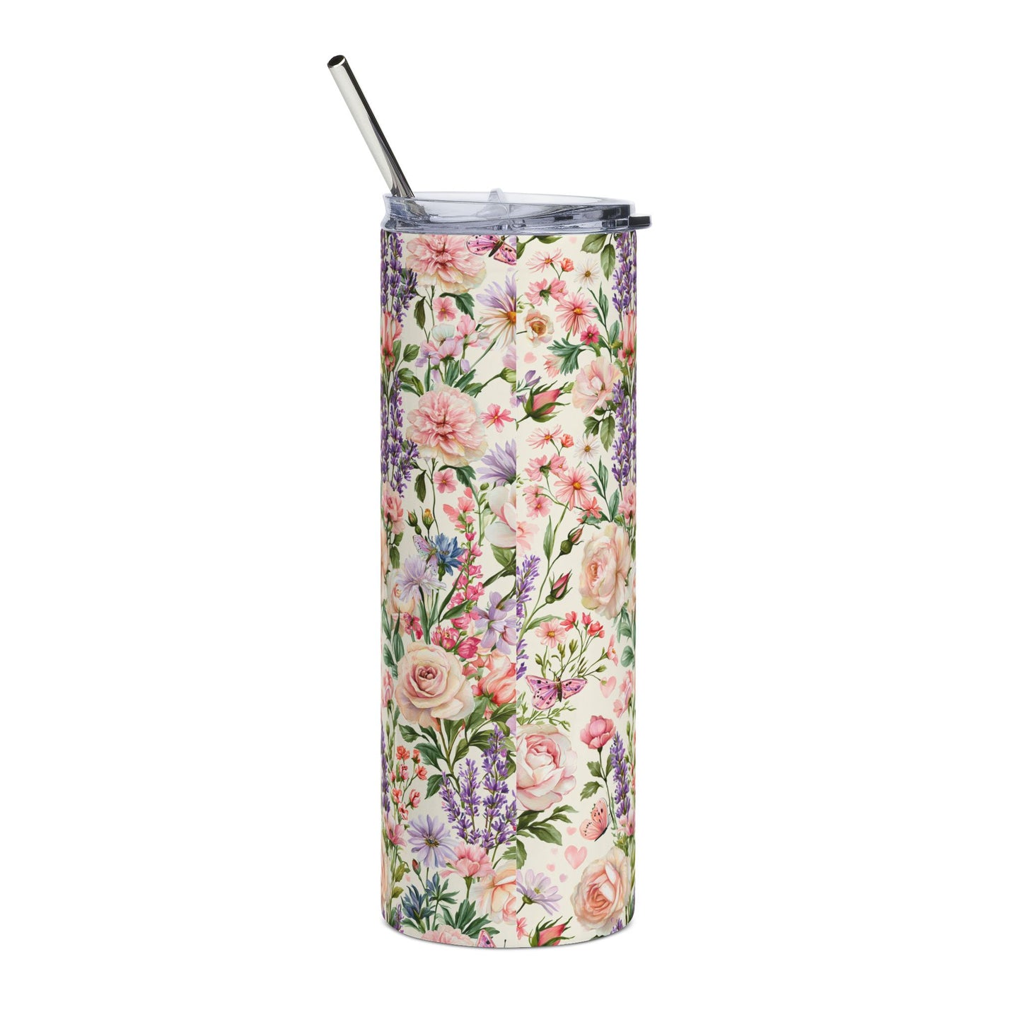 Cottage Garden 20oz Stainless Steel Tumbler — Pink Rose & Lavender Travel Cup