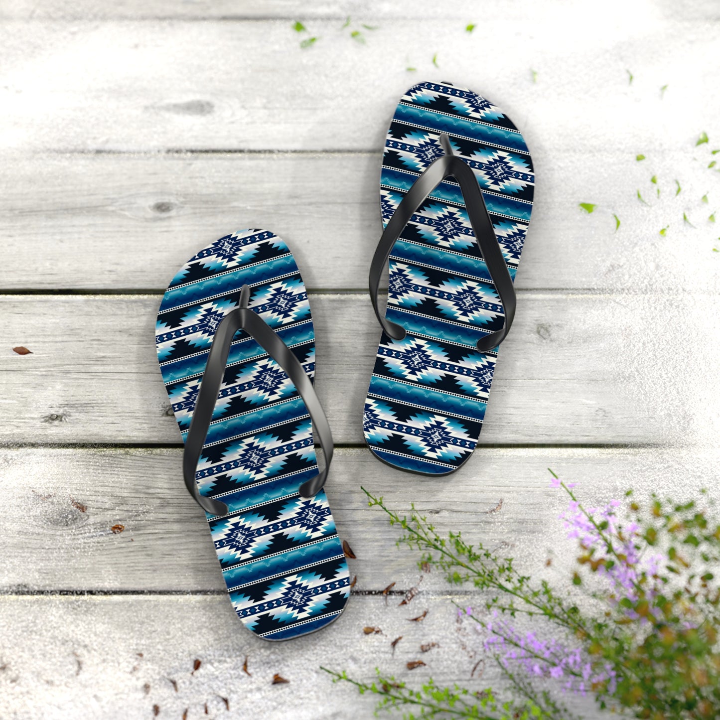 Southwest Aztec Pattern Flip Flops — Blue Tribal Summer Sandals