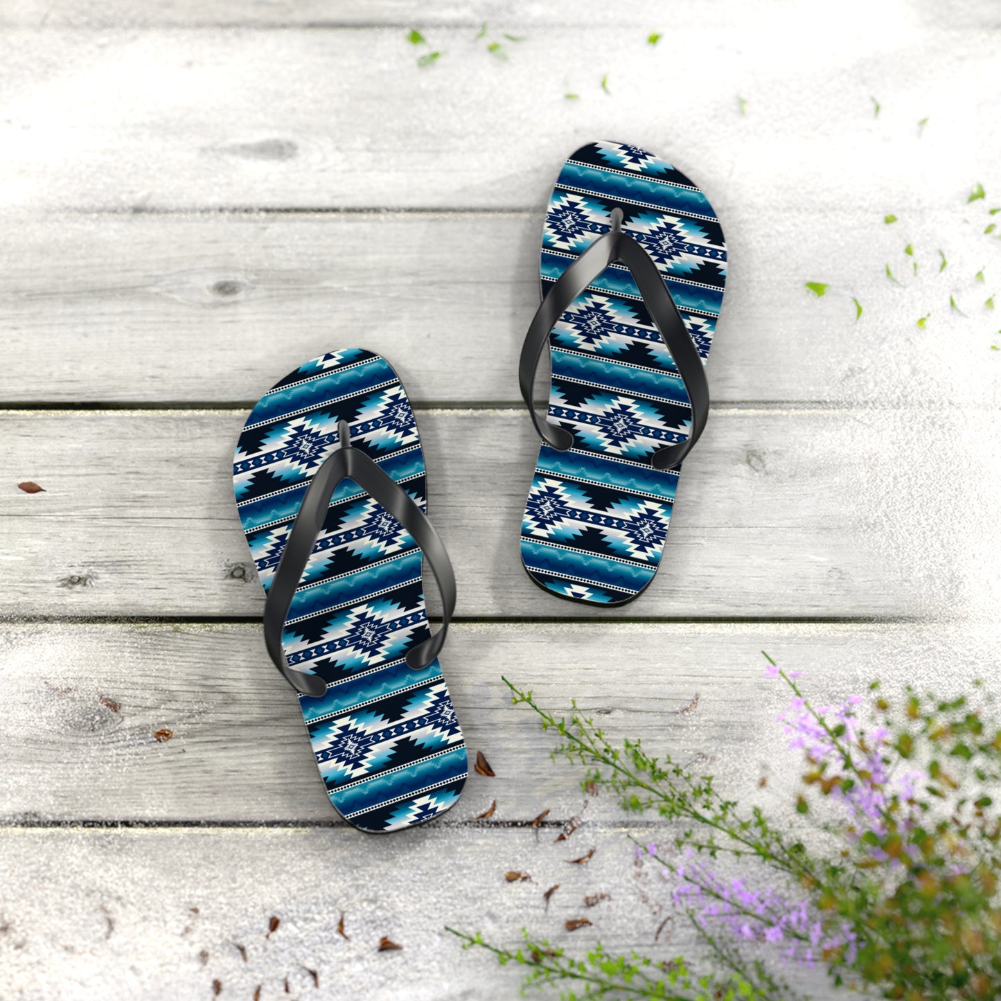 Southwest Aztec Pattern Flip Flops — Blue Tribal Summer Sandals