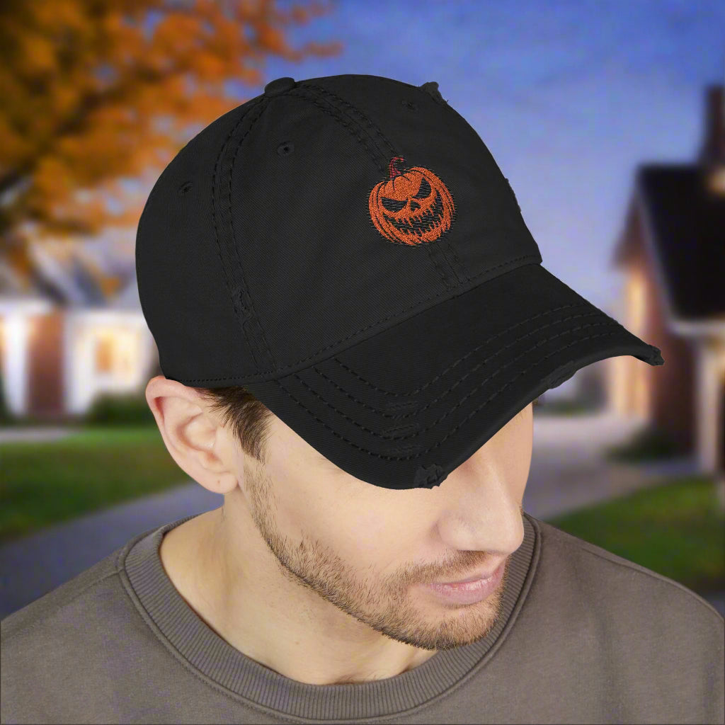 Spooky Pumpkin Embroidered Distressed Cap