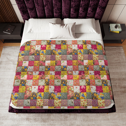 Spring Floral Patchwork Sherpa Blanket — Beige or Grey Reverse