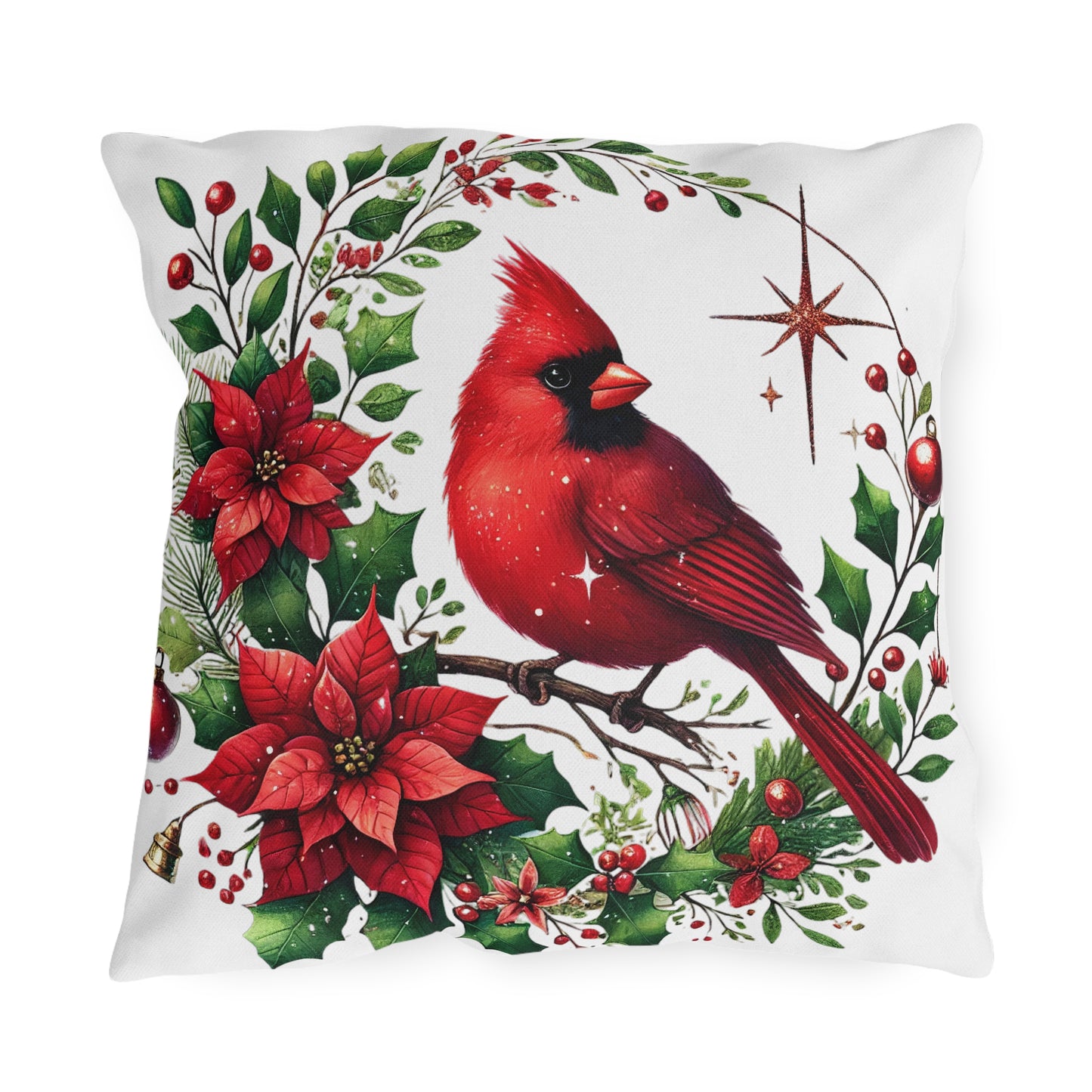 Cardinal & Poinsettia Outdoor Pillow