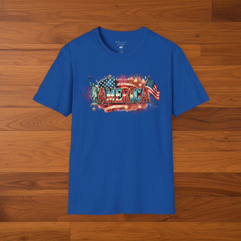 America T-Shirt — USA Flag, Fireworks & Statue of Liberty Design