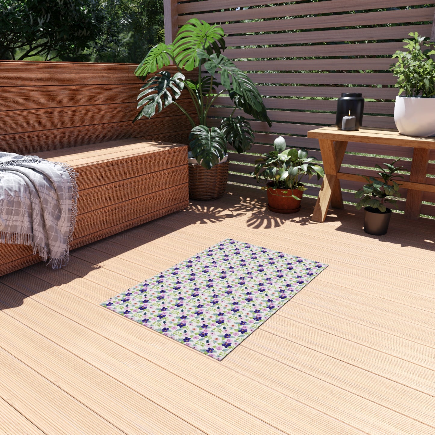 Floral Pansy Outdoor Rug — Purple Garden Patio Mat
