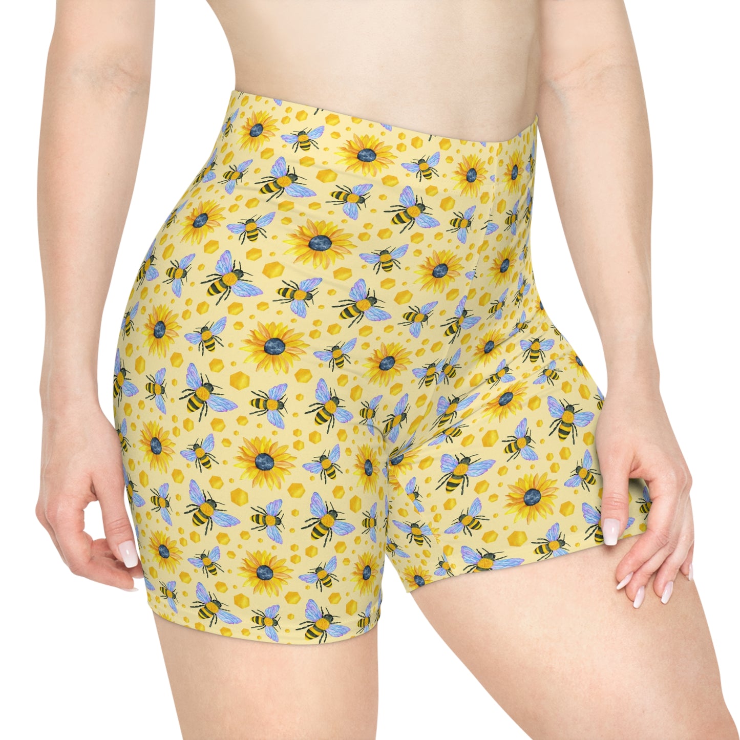 Sunflowers and Bees Biker Shorts | Floral Yellow All-Over Print for Women