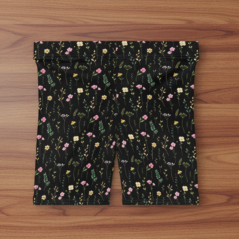 Floral Meadow Spandex Shorts — Black Wildflower Print