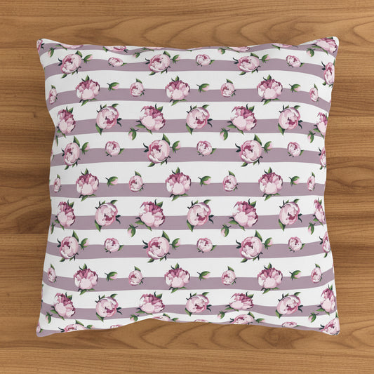 Striped Pink Peony Outdoor Pillow