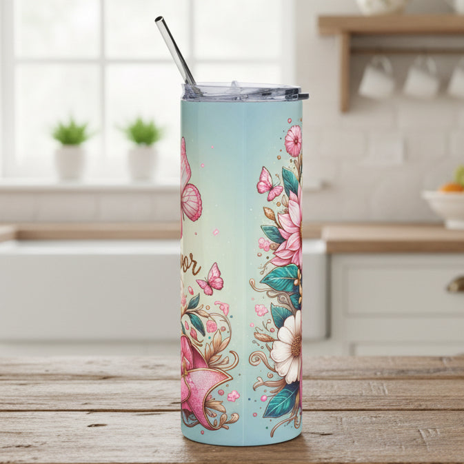 Floral Butterfly Breast Cancer Survivor 20oz Stainless Steel Tumbler