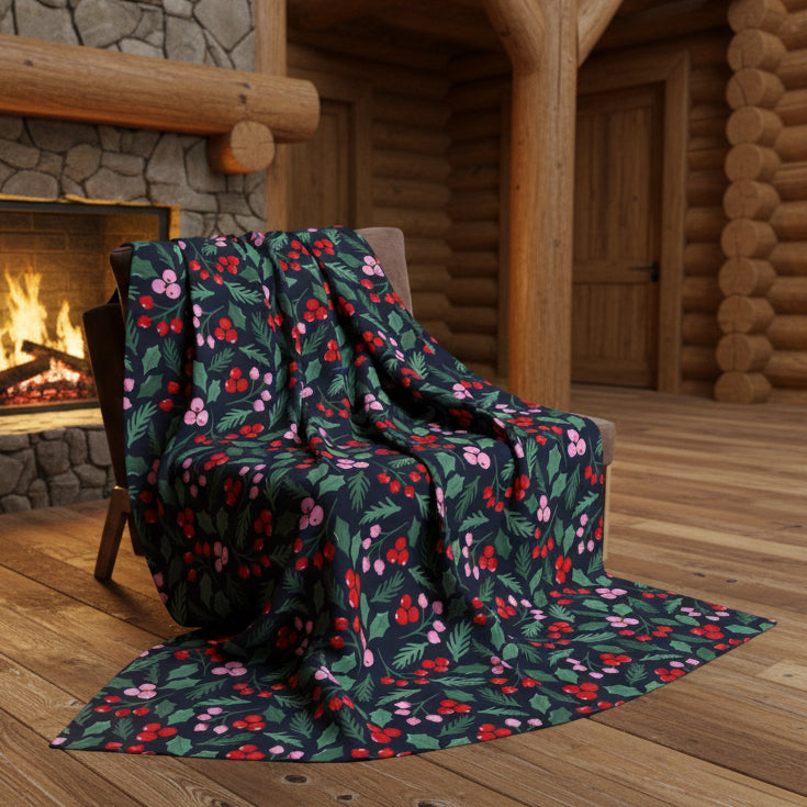 Festive Holly & Berries Fleece Blanket