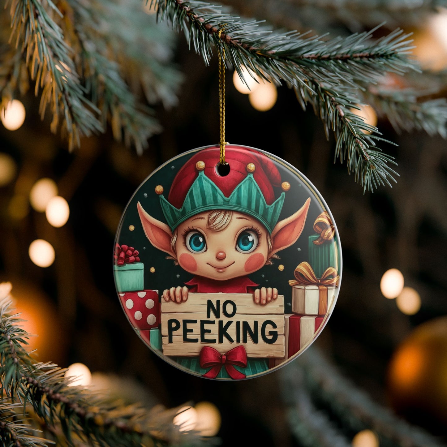 No Peeking Elf Ceramic Christmas Ornament
