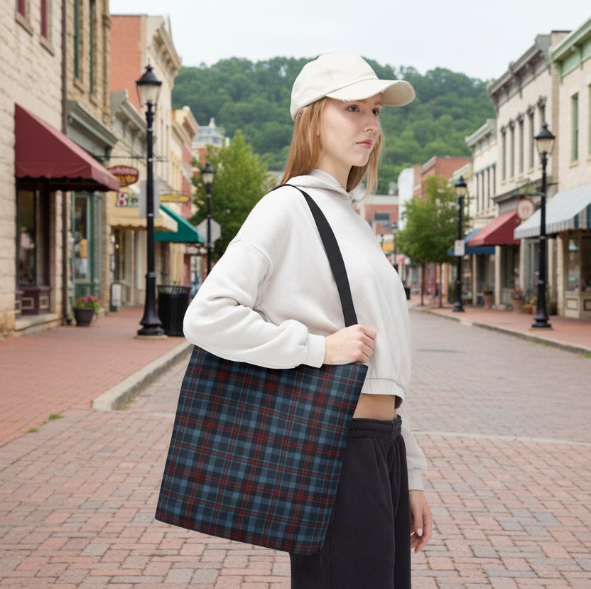 Highland Hearth Blue Plaid Tote Bag | Navy or Black Handle